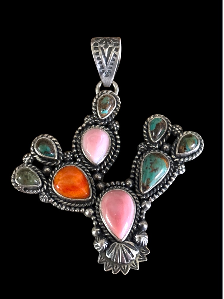 Royston Turquoise ,Pink Conch, And Spiny Oyster Sterling Silver Cactus Pendant